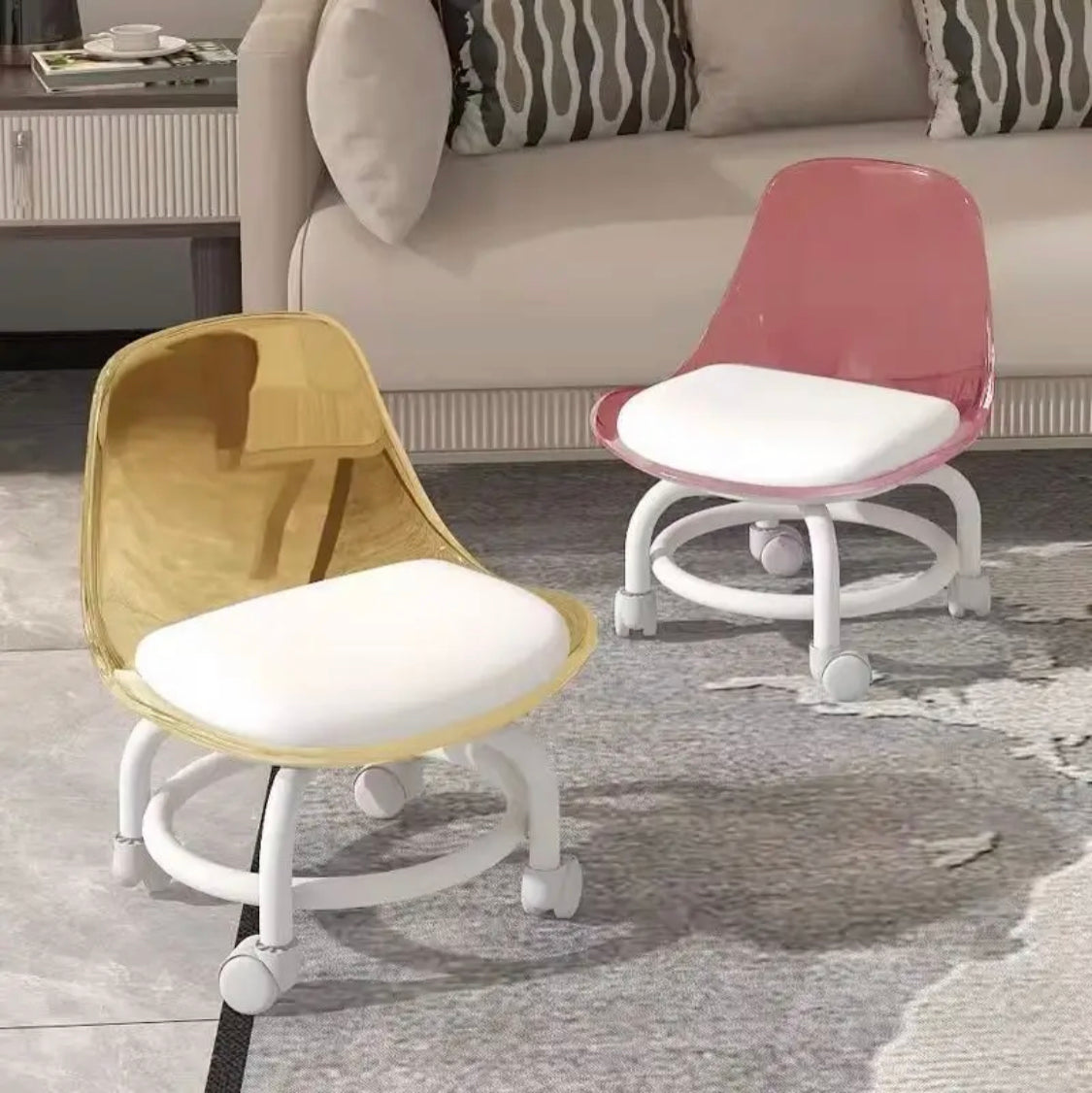 Acrylic Small Stool With Universal Wheel, Mobile Salon Step Stool, Kids Chair with Transparent Backrest Acrylic Small Stool With Universal Wheel, Mobile Salon Step Stool, Kids Chair with Transparent Backrest